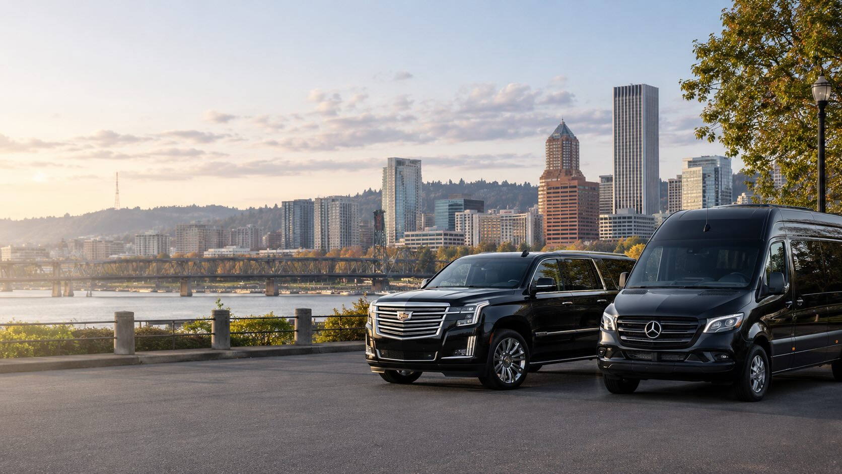 Chauffeured Cadillac Escalade and Mercedes Sprinter with the Portland skyline behind